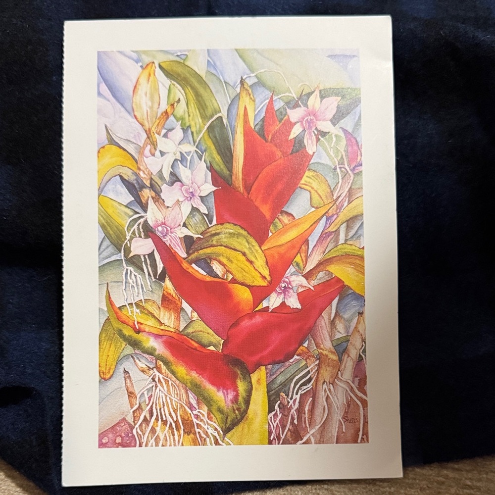 Tropical Bloom Art Postcard Print with Red and Green Accents